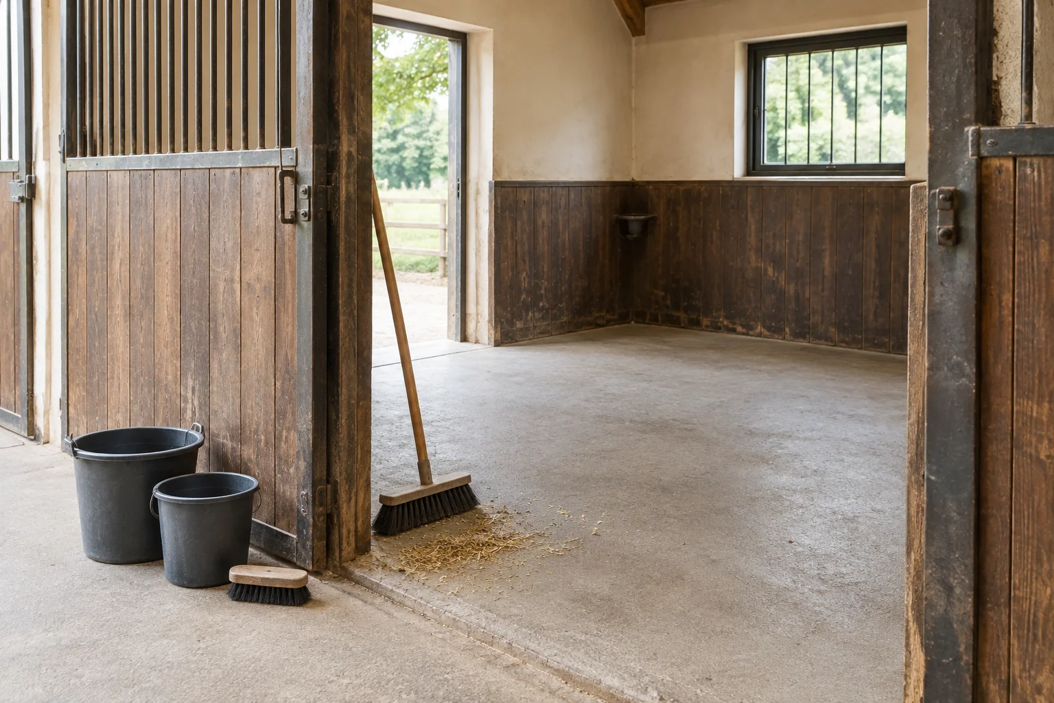 Box pour chevaux vide avec un balai, deux seaux et un petit tas de paille sur le sol.