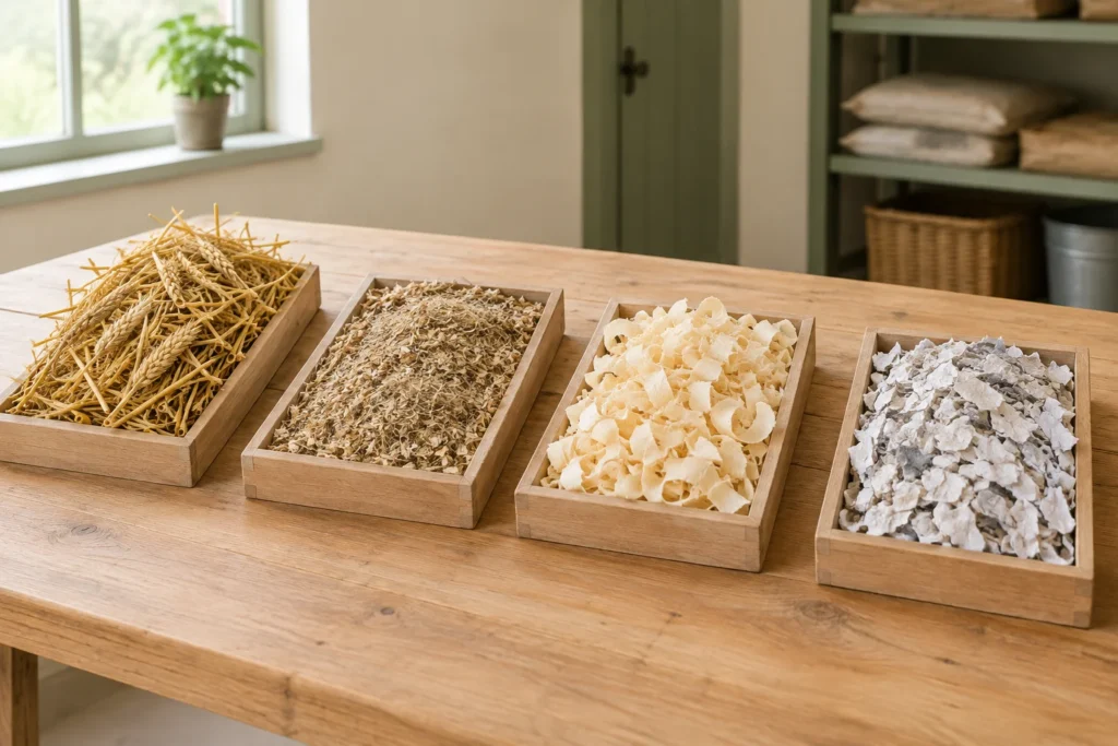 Quatre caisses en bois contenant des épis de céréales, de la litière végétale fine, des copeaux de bois et des morceaux de papier, posées sur une table en bois.