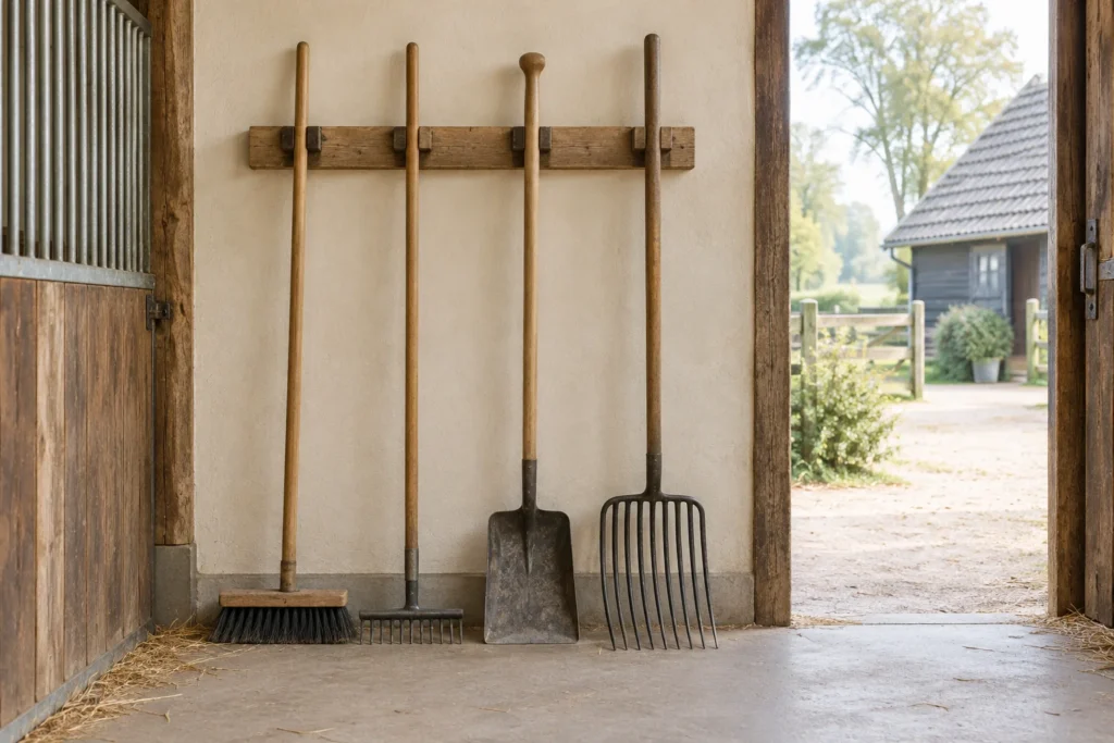Un balai, un râteau, une pelle et une fourche à fumier sont appuyés contre le mur d’une étable, avec vue sur la cour.