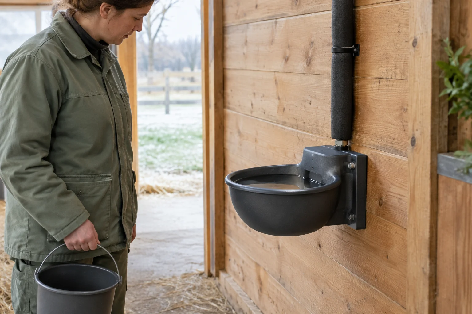 Une personne tenant un seau regarde un abreuvoir contenant de l’eau, fixé sur une paroi en bois de l’écurie. Une conduite gainée est visible au dessus de l’abreuvoir.