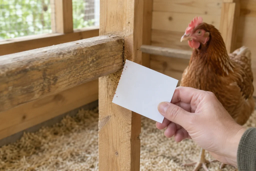 Une main tient une carte blanche près d’un interstice d’un perchoir en bois. De petits points brun rougeâtre sont visibles ; une poule brune se tient en arrière.