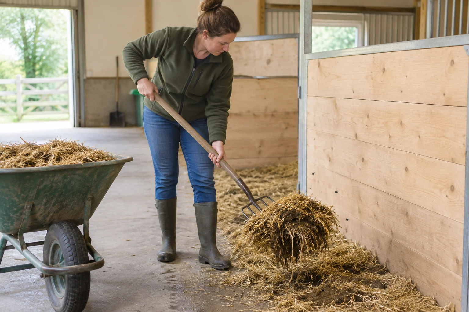 Une personne ramasse de la paille avec une fourche à côté du mur en bois d’une étable. Une brouette se trouve à proximité et quelques mouches sont visibles.