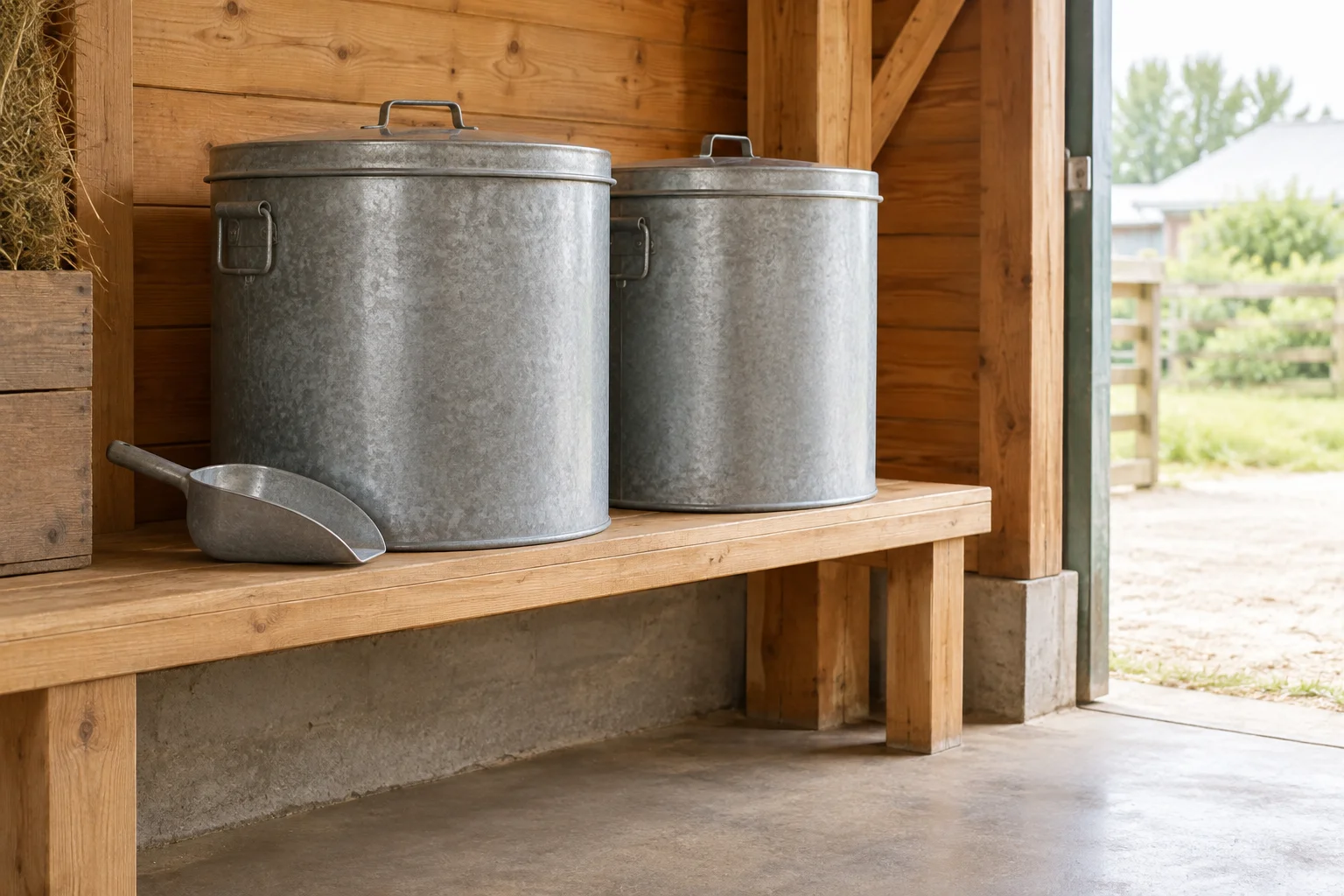 Deux conteneurs métalliques fermés pour aliments et une pelle doseuse sur une étagère en bois, dans une remise au sol propre.