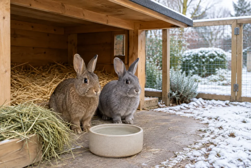 Deux lapins se trouvent près d’un abri en bois avec de la paille, du foin et une gamelle d’eau ; il y a de la neige dehors.