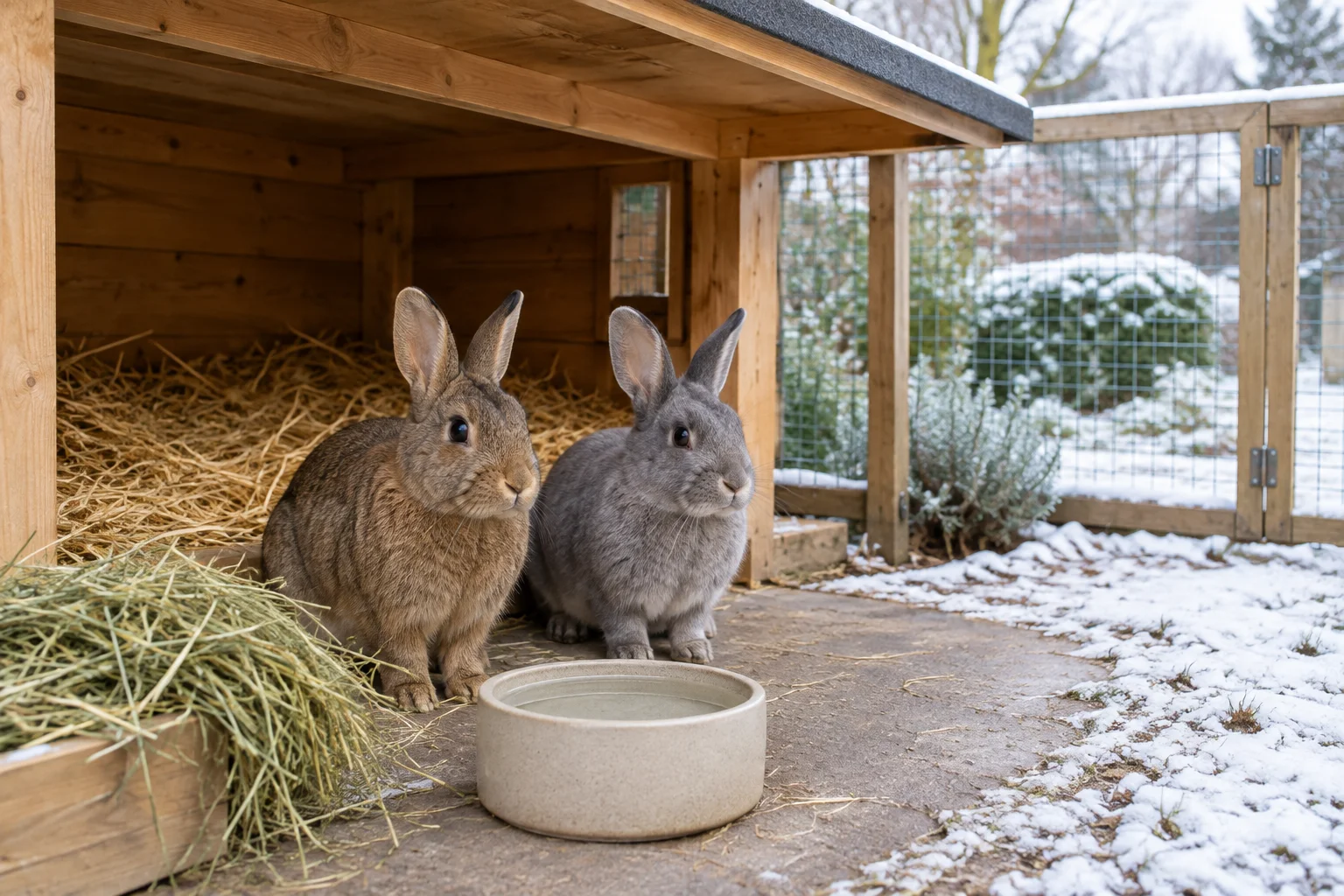 Deux lapins se trouvent près d’un abri en bois avec de la paille, du foin et une gamelle d’eau ; il y a de la neige dehors.