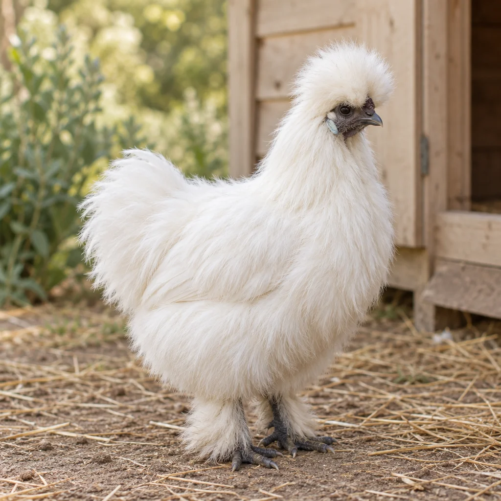 Poule Soie blanche avec une huppe duveteuse et des pattes emplumées, debout sur de la paille devant un poulailler en bois.
