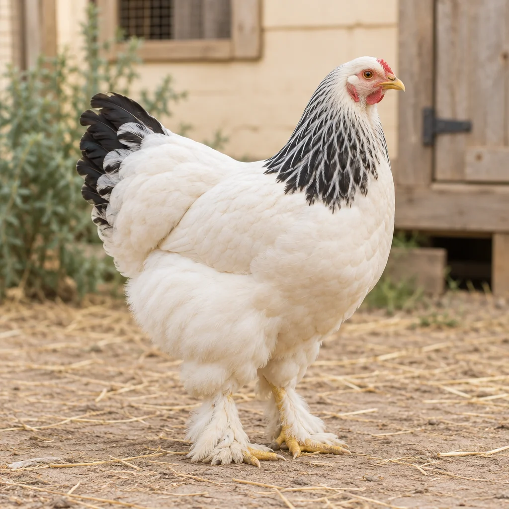 Une grande poule blanche et noire aux pattes emplumées se tient sur un sol sec devant un poulailler en bois.