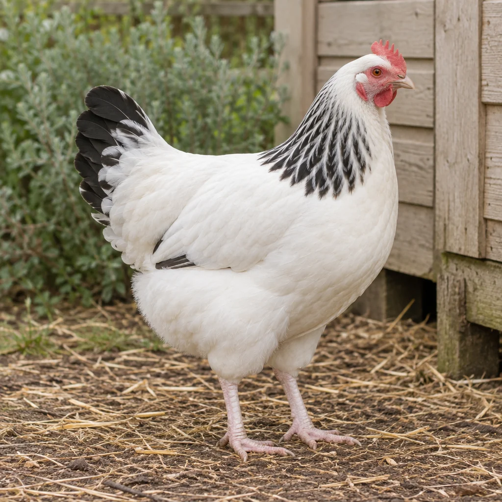 Poule blanche aux plumes du cou rayées de noir et à la queue noire, debout sur de la paille et de la terre à côté d’un poulailler en bois.