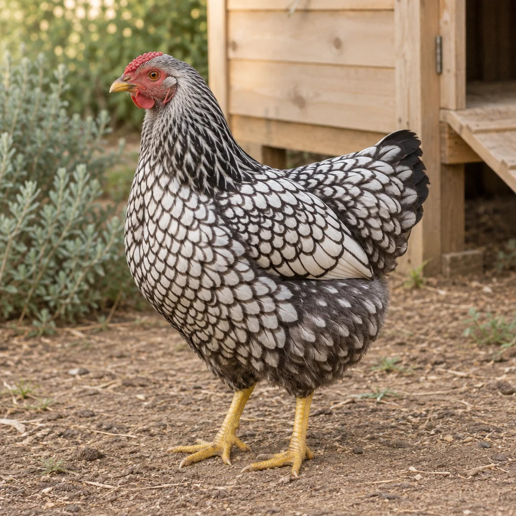 Illustration d'une poule Wyandotte argentée à liseré noir, aux pattes jaunes, près d'un poulailler.
