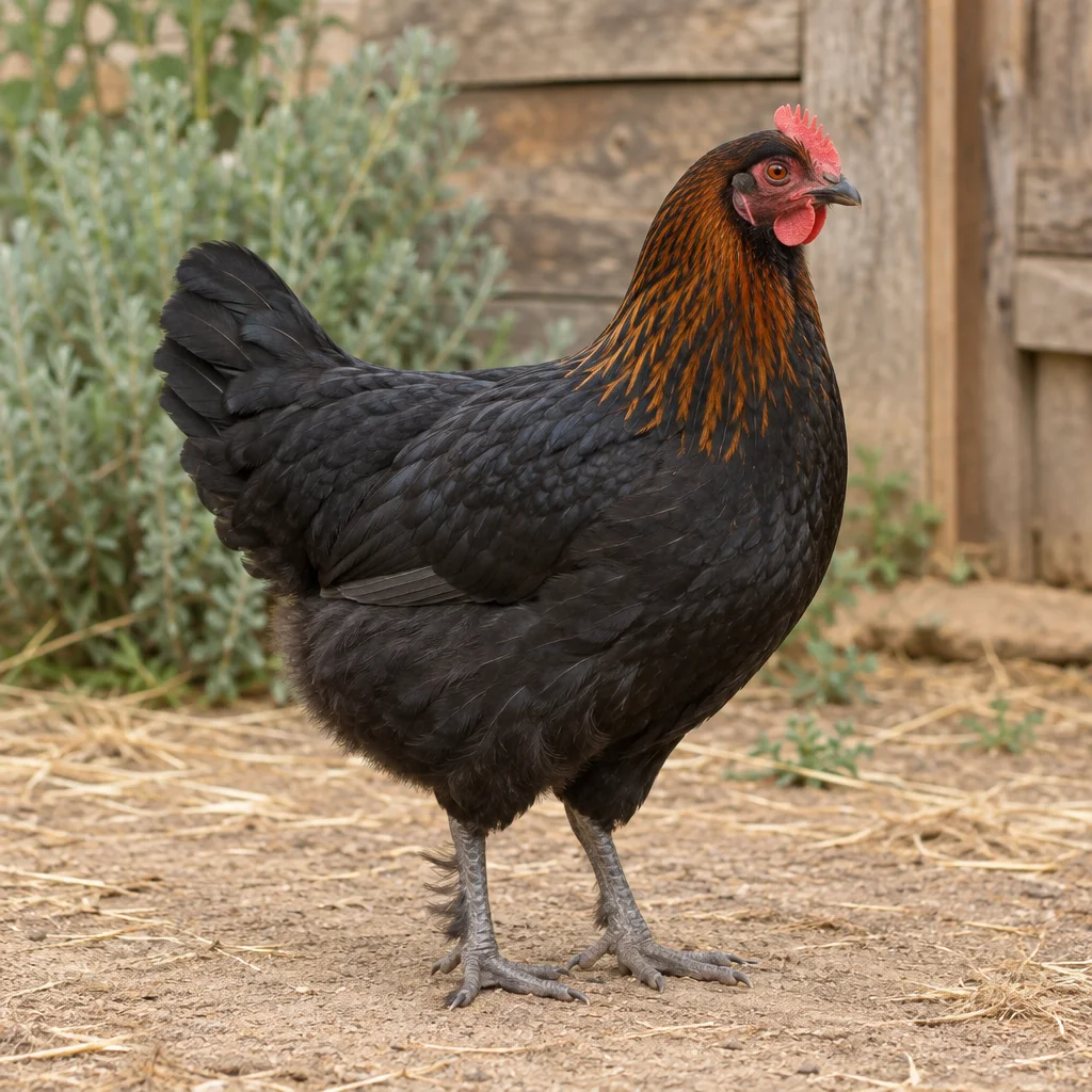 Poule noire aux plumes cuivrées sur le cou, avec une crête rouge et des pattes légèrement emplumées, dans une cour près d’un mur en bois.