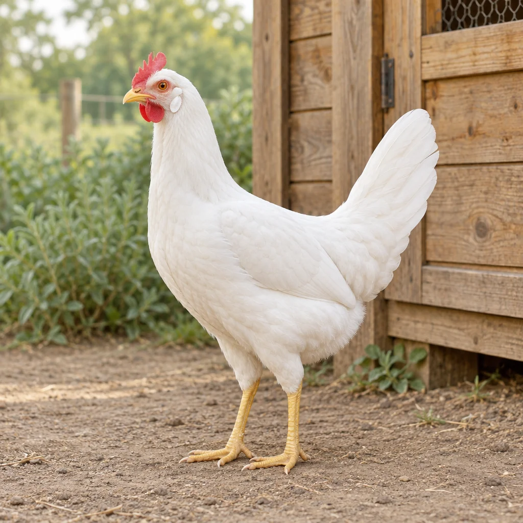Illustration d’une poule blanche à crête rouge, oreillons blancs et pattes jaunes, à côté d’un poulailler en bois.