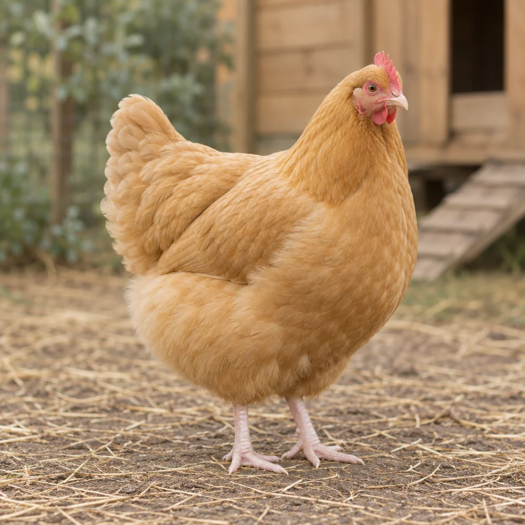 Une poule au plumage jaune doré se tient sur de la paille et de la terre, avec tout son corps et ses deux pattes visibles et un poulailler en bois au fond de l’image.