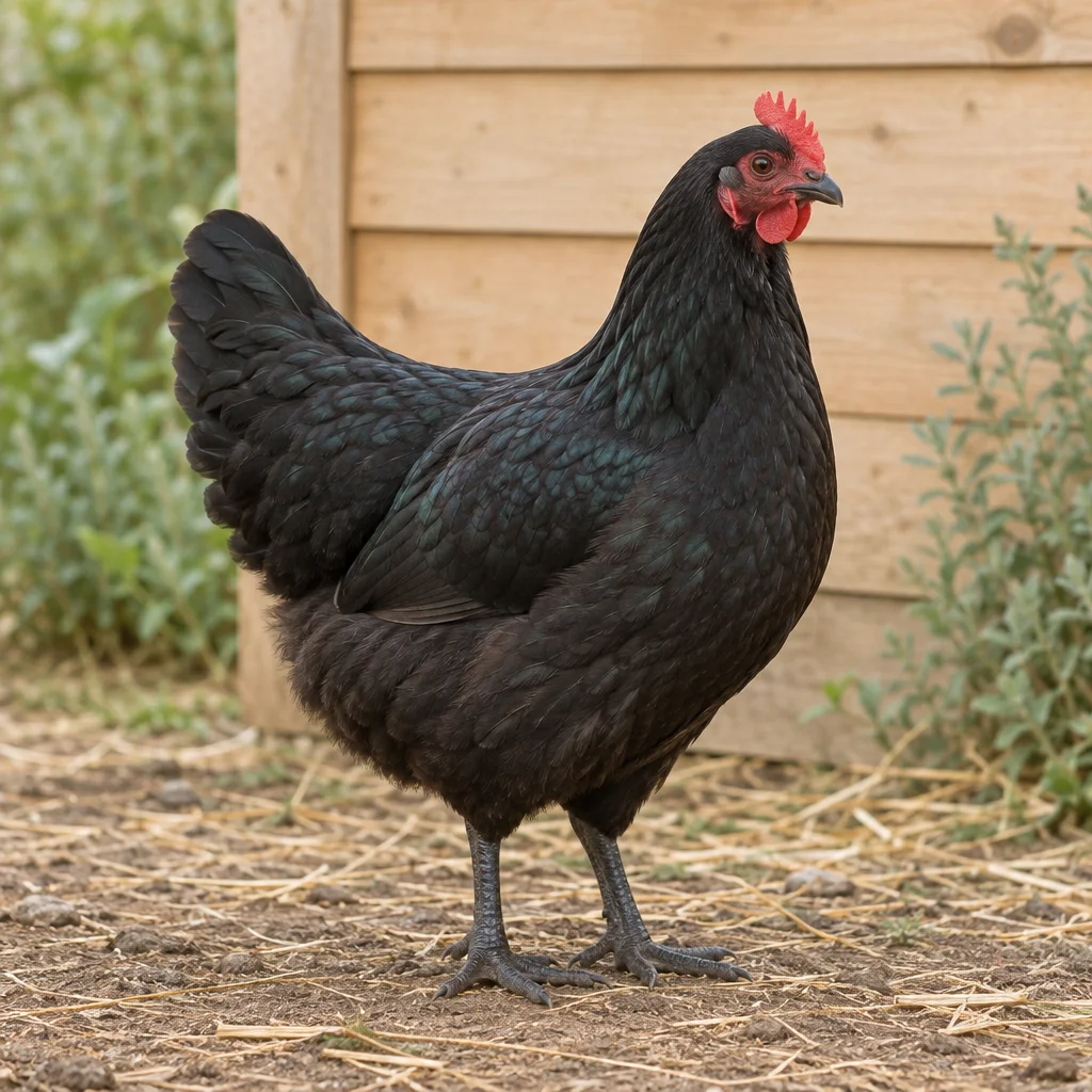 Illustration d’une poule Australorp noire à crête rouge près d’un poulailler en bois.