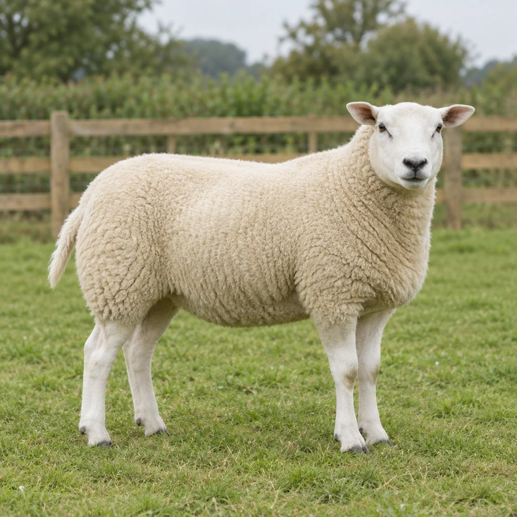 Un mouton blanc au nez noir, entièrement visible sur l’herbe, devant une clôture en bois.