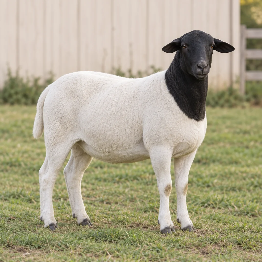 Un mouton à la tête et à l’encolure noires et au corps blanc se tient dans un pré, ses quatre pattes visibles, devant une grange claire.