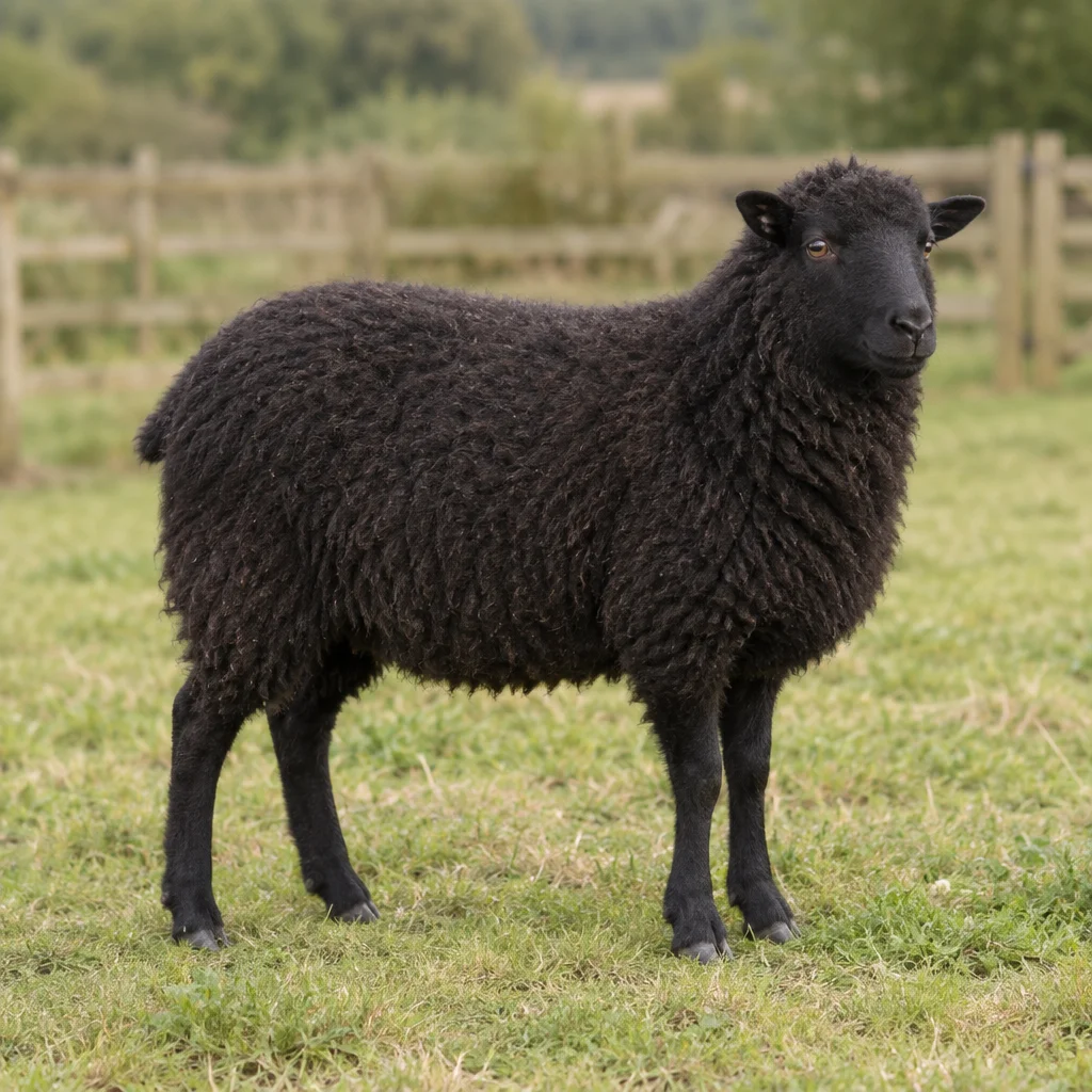 Un mouton noir sans cornes se tient dans une pâture herbeuse, devant une clôture en bois, ses quatre pattes visibles.