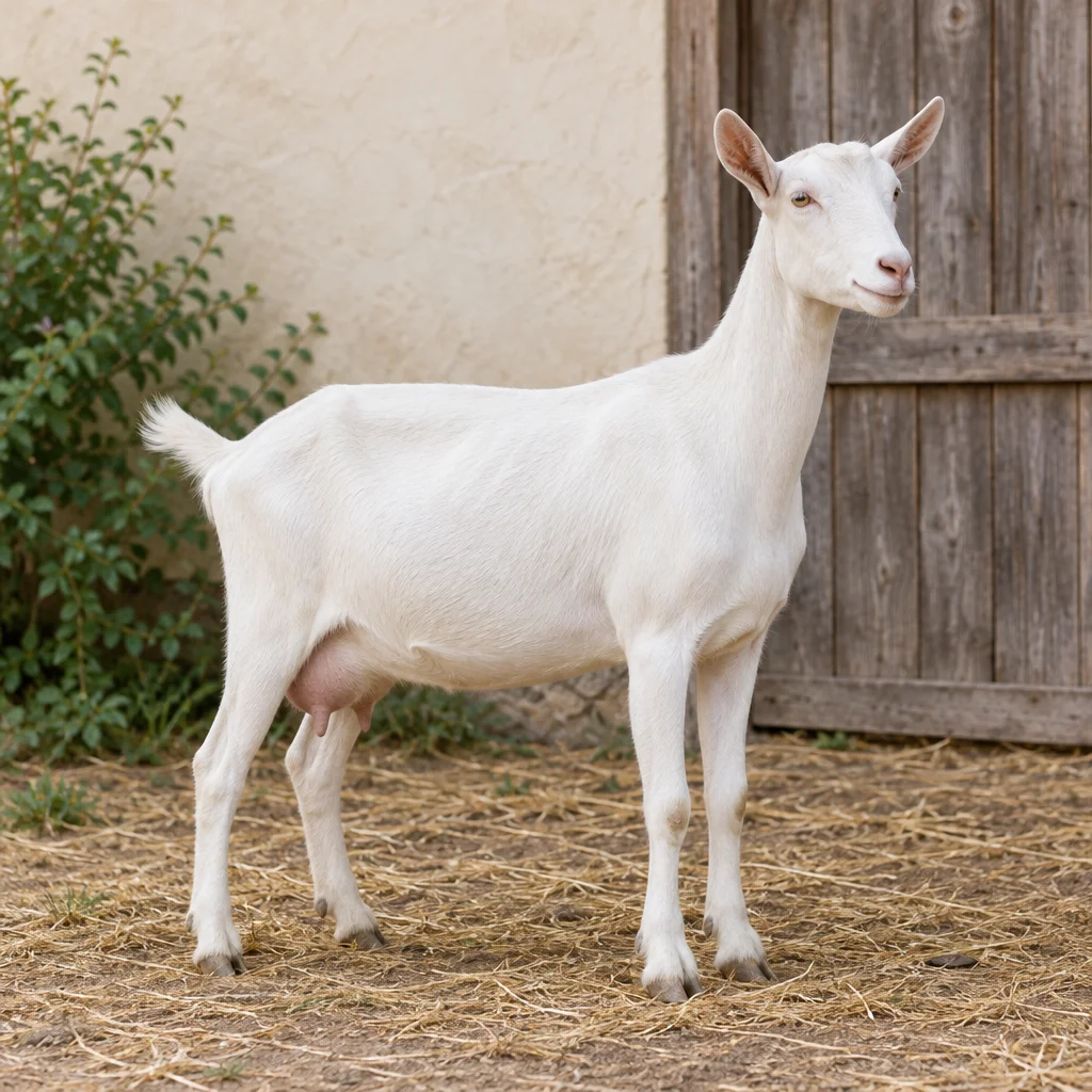 Une chèvre adulte blanche se tient sur de la paille, ses quatre sabots visibles, devant une porte en bois et un mur clair avec de la verdure.