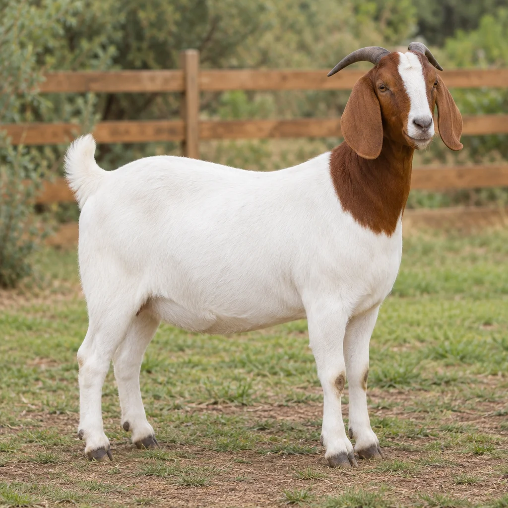 Chèvre blanche à la tête brun roux, aux oreilles tombantes et aux deux cornes recourbées vers l’arrière, debout sur l’herbe devant une clôture en bois.