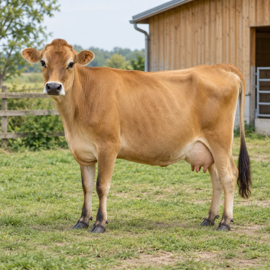 Illustration d’une vache Jersey brun clair, à la mamelle visible, sur l’herbe près d’une étable en bois.