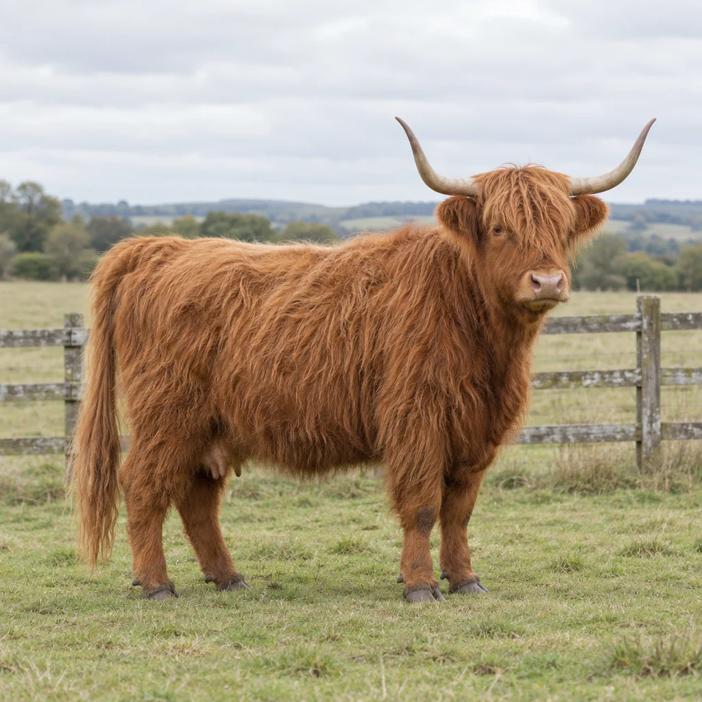 Un bovin roux brun au poil long et aux cornes recourbées vers le haut se tient dans une prairie devant une clôture en bois.