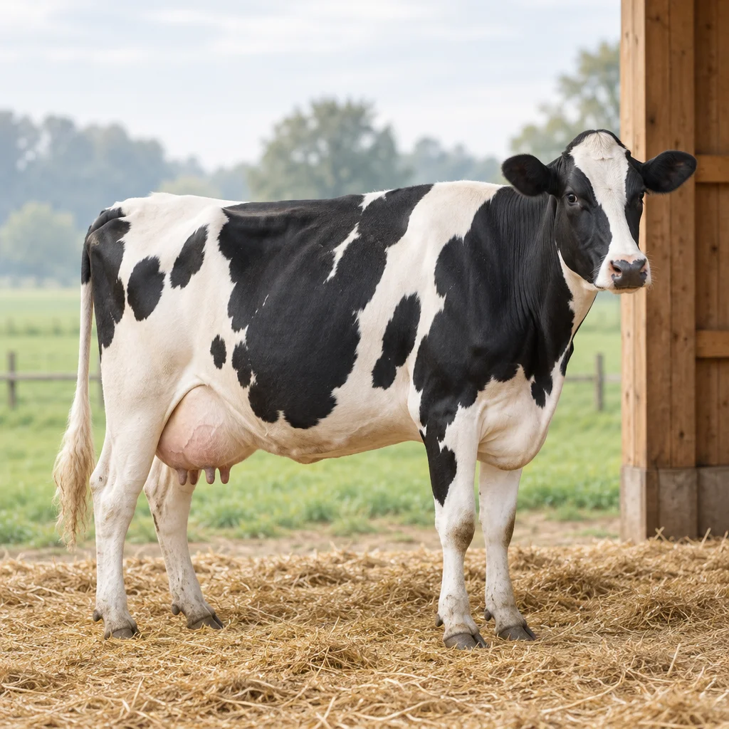 Une vache pie noire se tient sur de la paille près d’une étable en bois, avec une prairie verte en arrière plan.