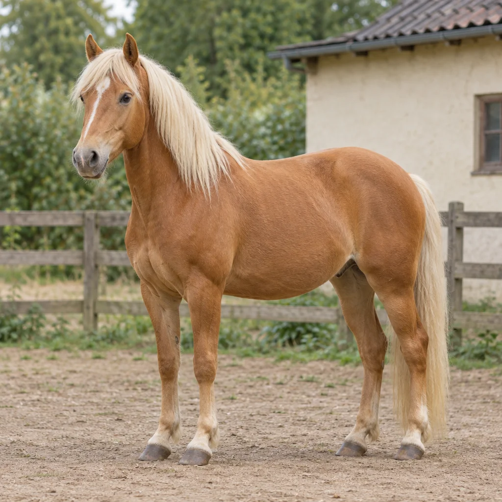 Un cheval alezan aux crins et à la queue clairs se tient dans un paddock, ses quatre sabots visibles, devant une clôture en bois et une écurie.