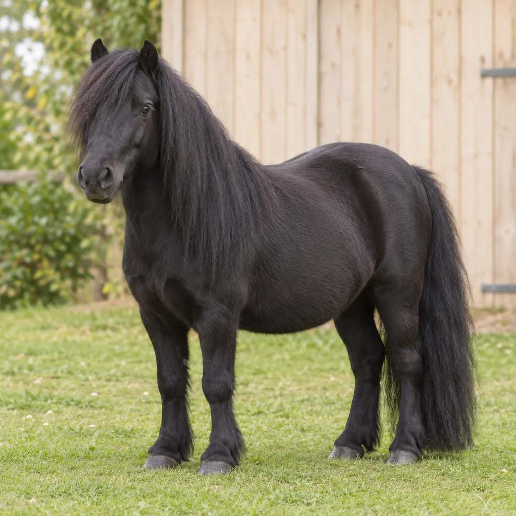 Un poney noir à la longue crinière et à la longue queue se tient sur l’herbe devant une paroi en bois clair.