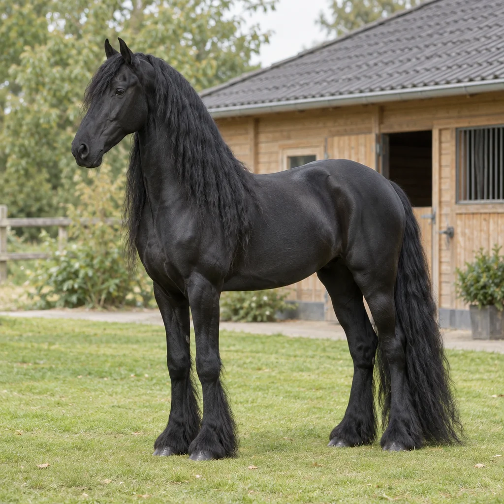 Un cheval noir à la longue crinière, à la queue fournie et aux poils abondants autour des sabots se tient sur l'herbe devant une écurie en bois.