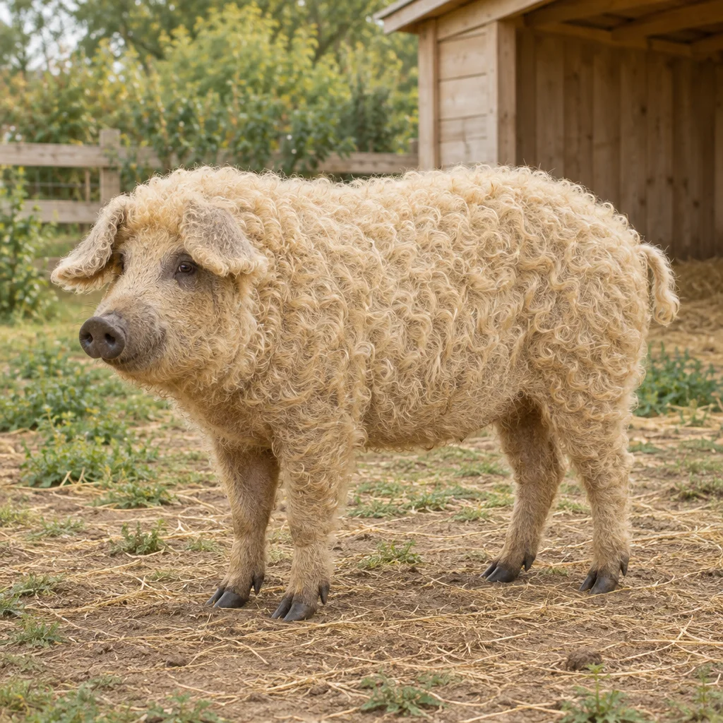 Cochon de couleur claire au pelage bouclé et aux sabots foncés, devant un abri en bois.