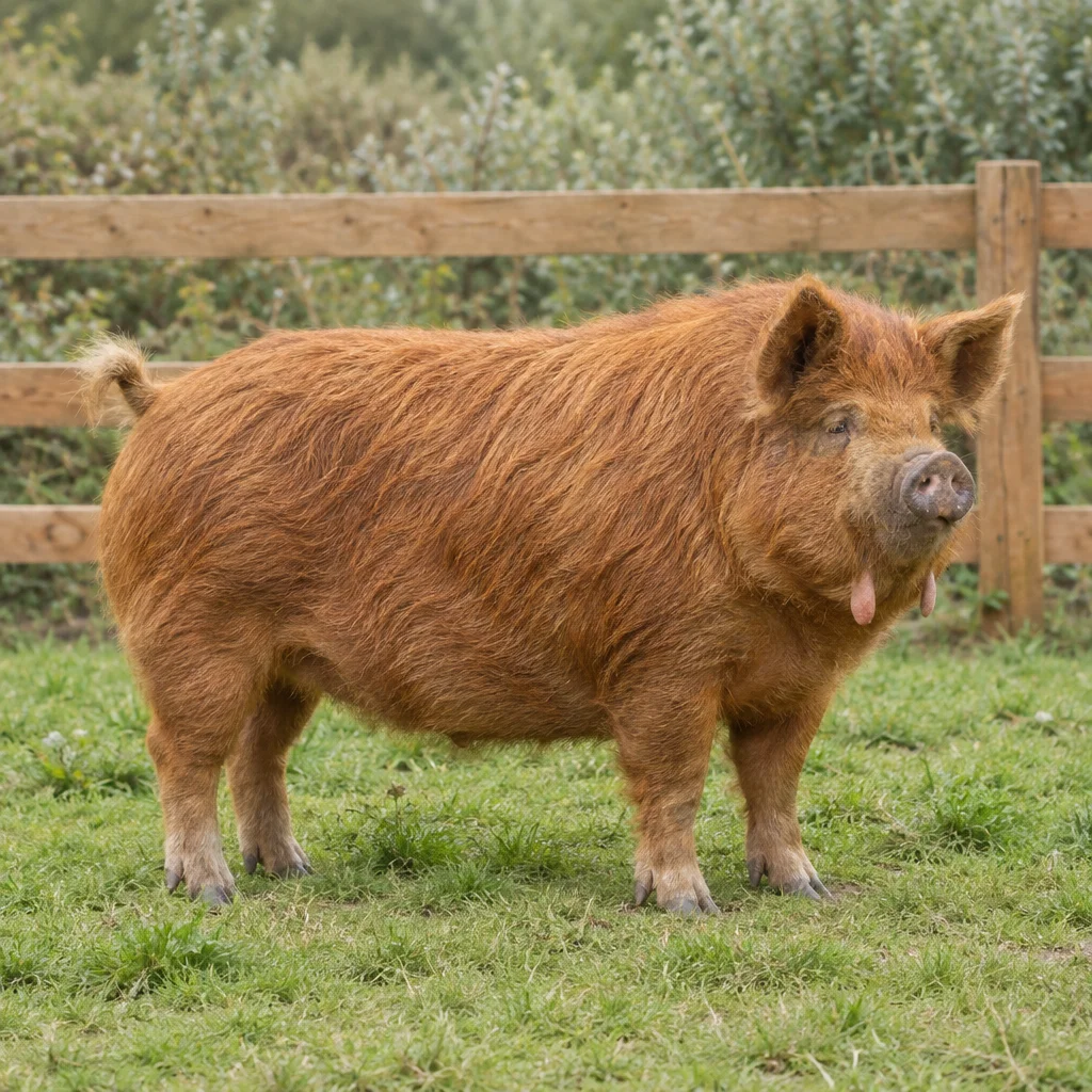 Un cochon roux brun à poils longs se tient sur l’herbe, ses quatre pattes visibles, devant une clôture en bois. Deux petits appendices pendent sous sa mâchoire.