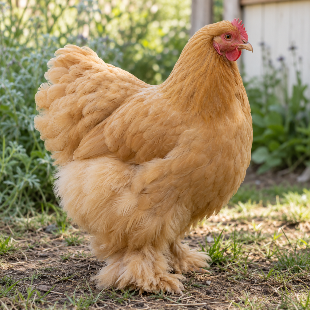 Poule Cochin de couleur fauve aux pattes emplumées