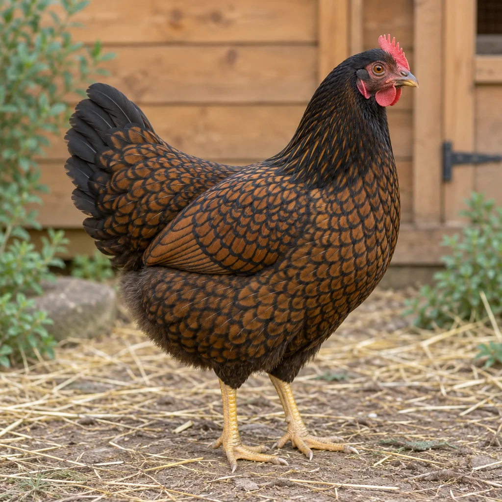 Poule brune au plumage marqué de noir, avec une crête rouge et des pattes jaunes, debout sur de la paille devant un poulailler en bois.