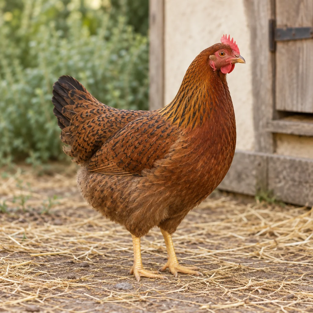 Poule brun roux au plumage marqué de foncé, avec une crête rouge et des pattes jaunes, sur de la paille près d’un poulailler en bois.