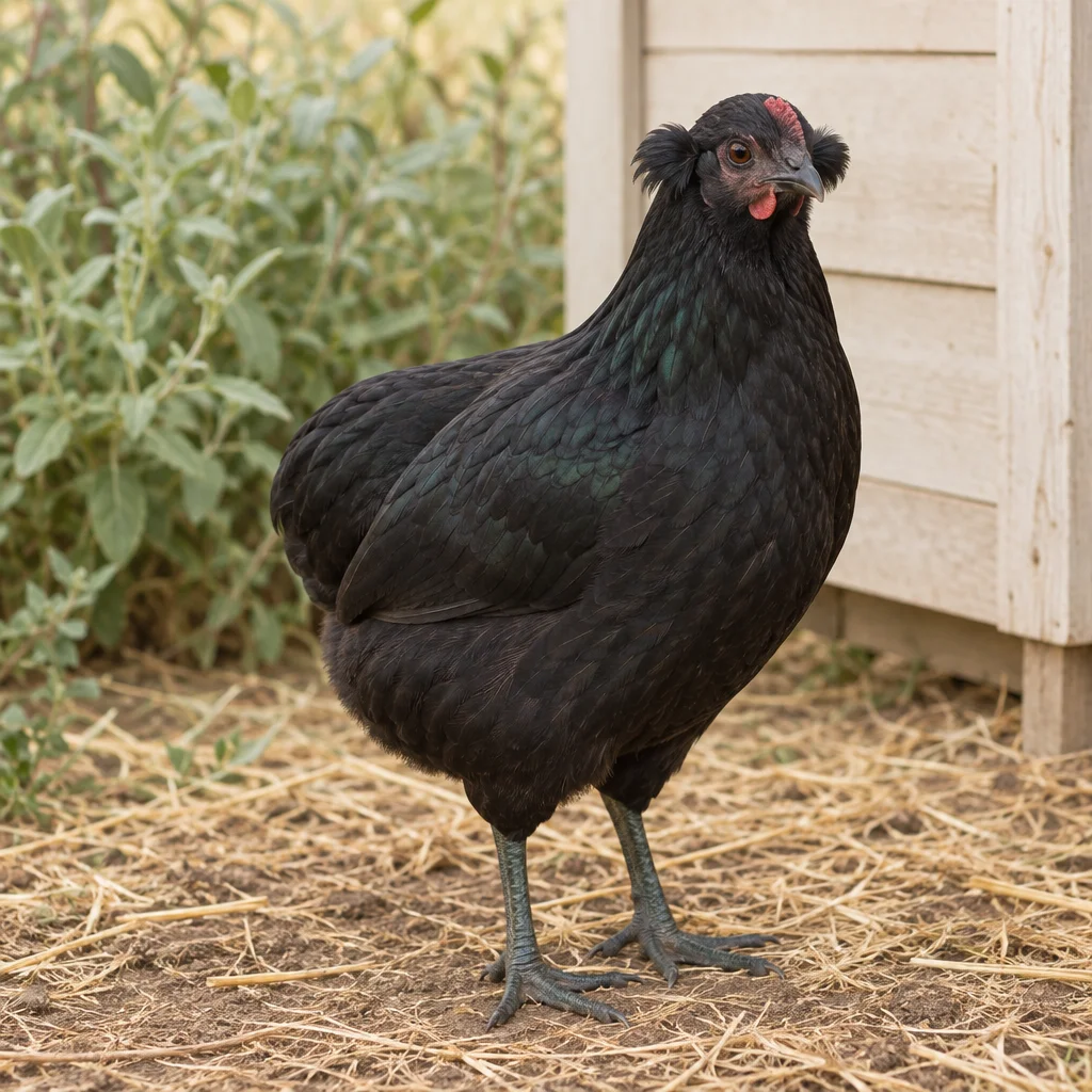 Poule noire sans queue visible, avec des touffes de plumes de chaque côté de la tête, debout sur de la paille à côté d’un poulailler en bois clair.