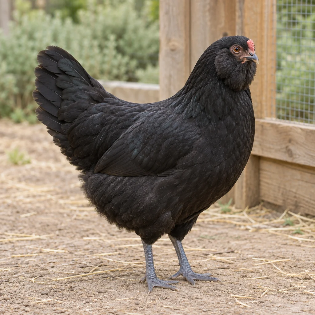 Poule noire aux favoris fournis, avec une petite crête rouge, une queue et des pattes gris ardoise, dans une cour près d’un enclos à poules en bois.