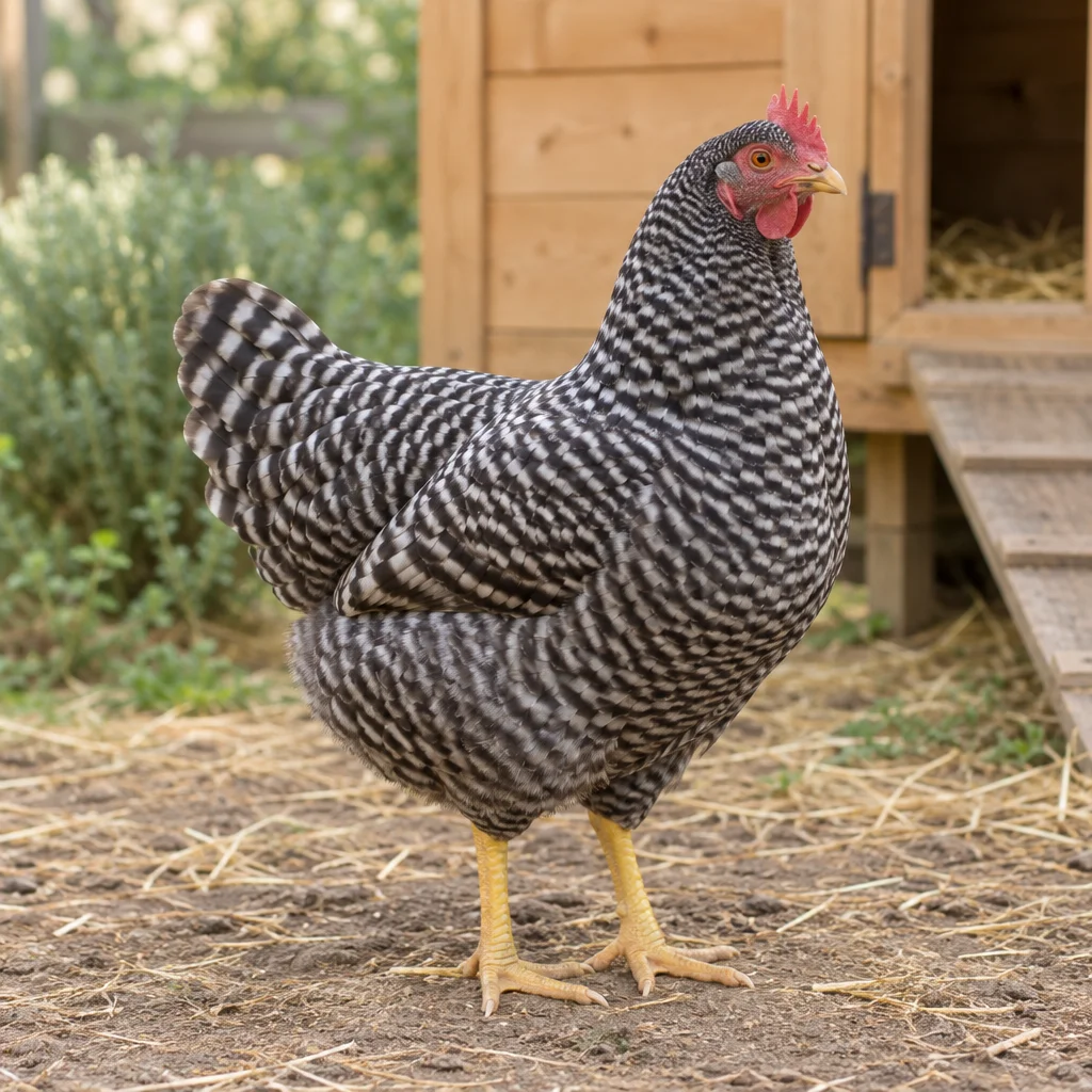 Une poule Plymouth Rock au plumage barré noir et blanc se tient sur de la terre et de la paille près d’un poulailler en bois, les deux pattes visibles.