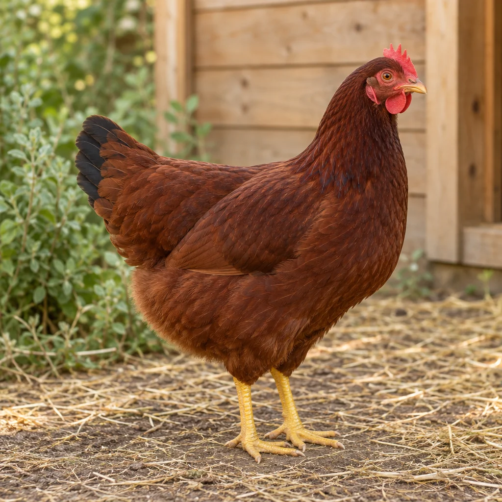 Une poule brun roux au plumage foncé sur la queue, à la crête rouge et aux pattes jaunes, se tient sur de la paille devant un poulailler en bois.