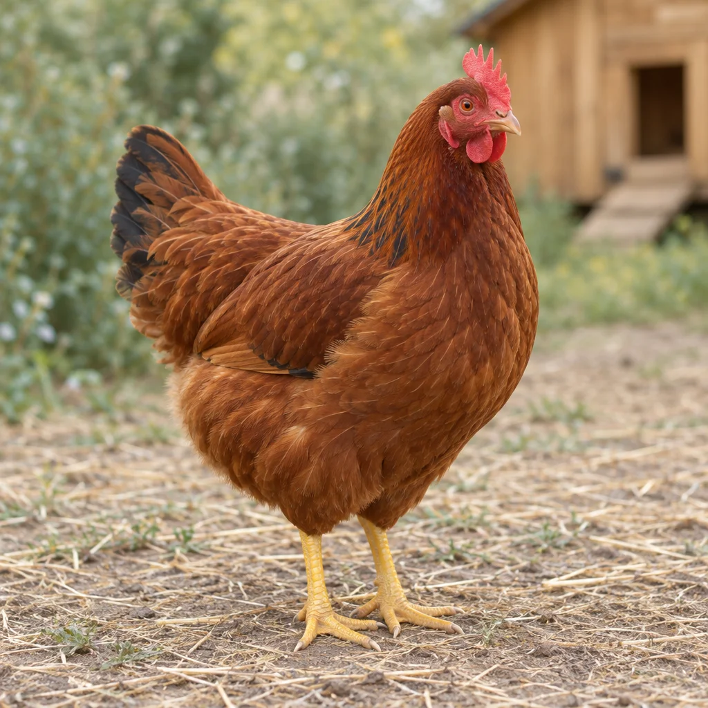 Une poule brun roux avec une crête simple rouge, des plumes sombres sur la queue et des pattes jaunes se tient dans une cour.