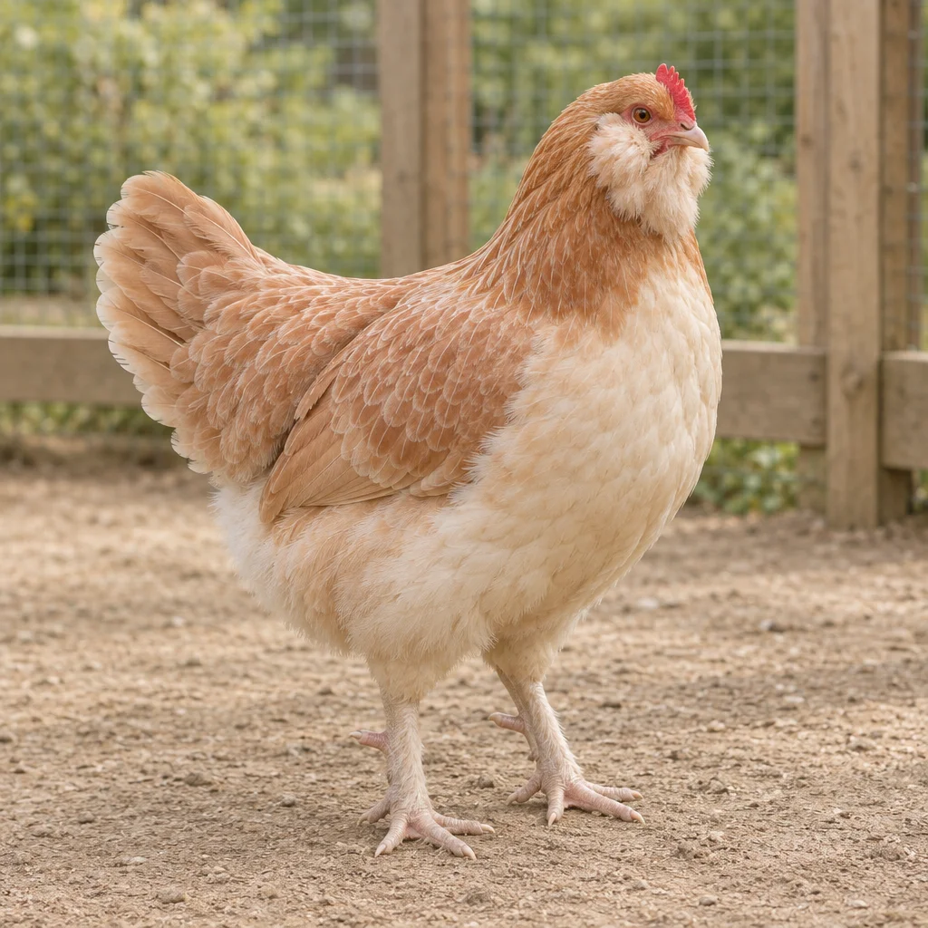 Illustration d’une poule Faverolles de couleur saumon, avec une barbe, une crête simple et des pattes légèrement emplumées, dans un enclos pour poules.