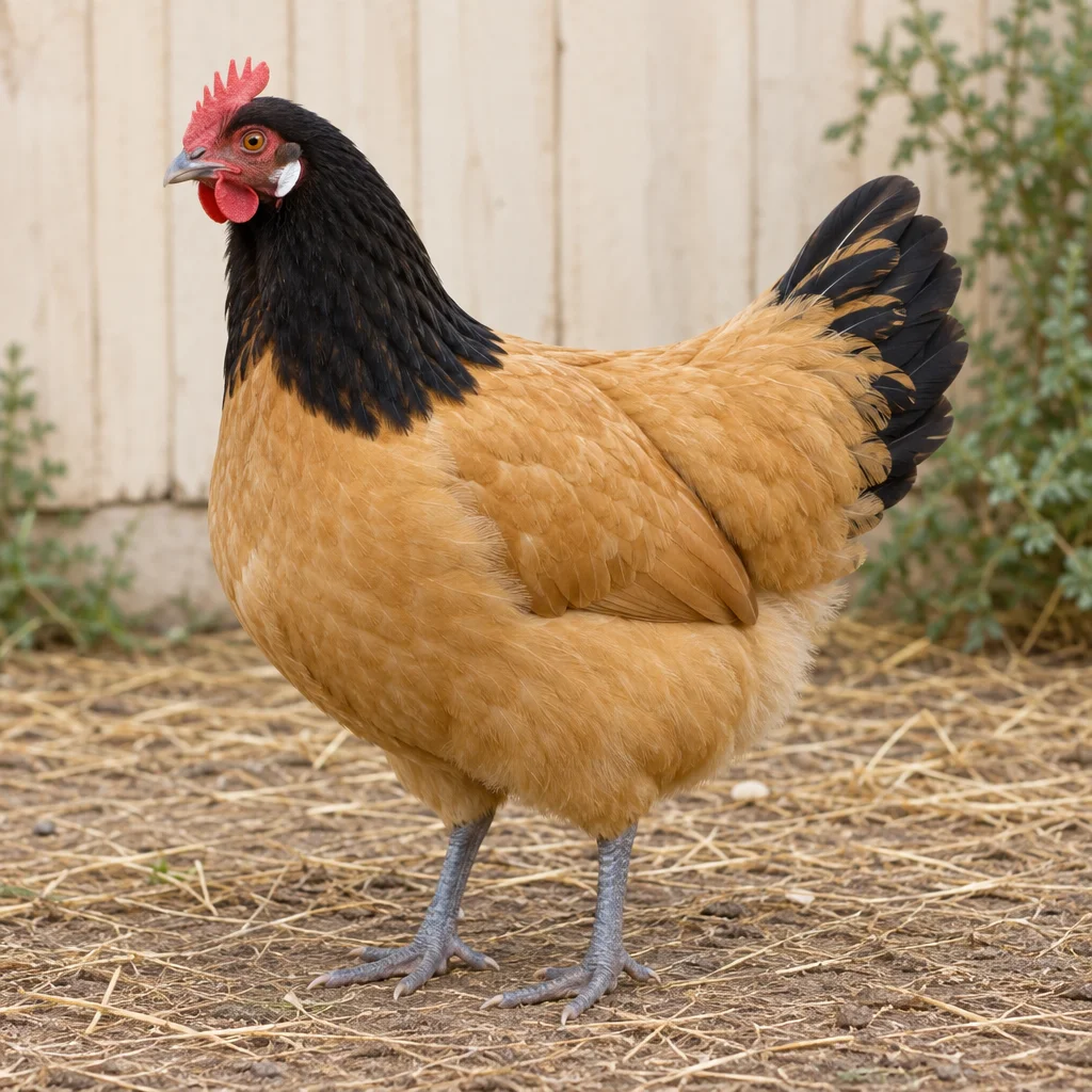Une poule au corps jaune doré, à la tête, au cou et à la queue noirs, avec une crête rouge et des pattes bleu ardoise, se tient sur de la paille devant une paroi en bois.