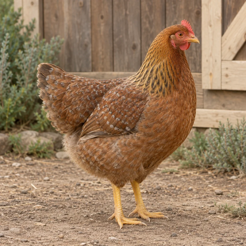 Illustration d’une poule Bielefelder au plumage brun tacheté et aux pattes jaunes, près d’un poulailler en bois.