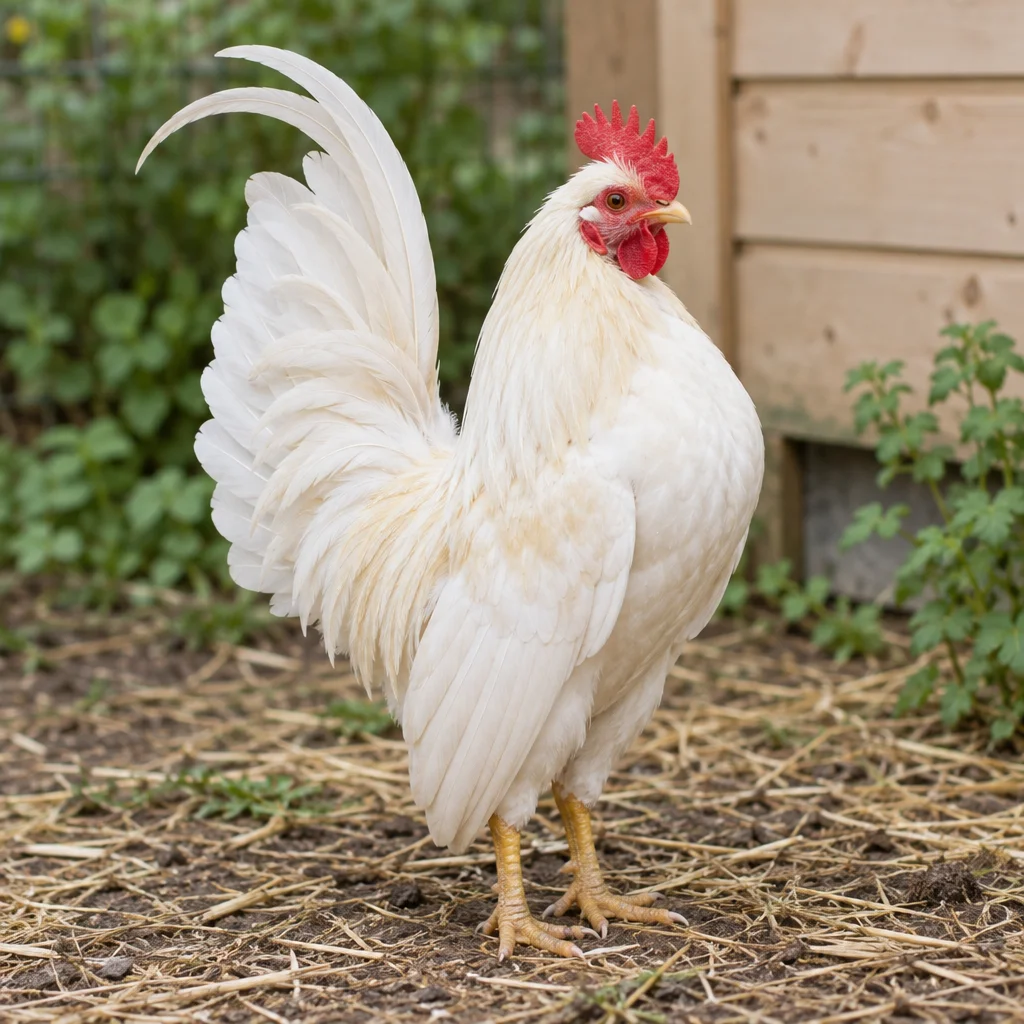 Coq blanc avec une crête rouge, une queue dressée et des ailes portées bas, sur de la paille devant un poulailler en bois.