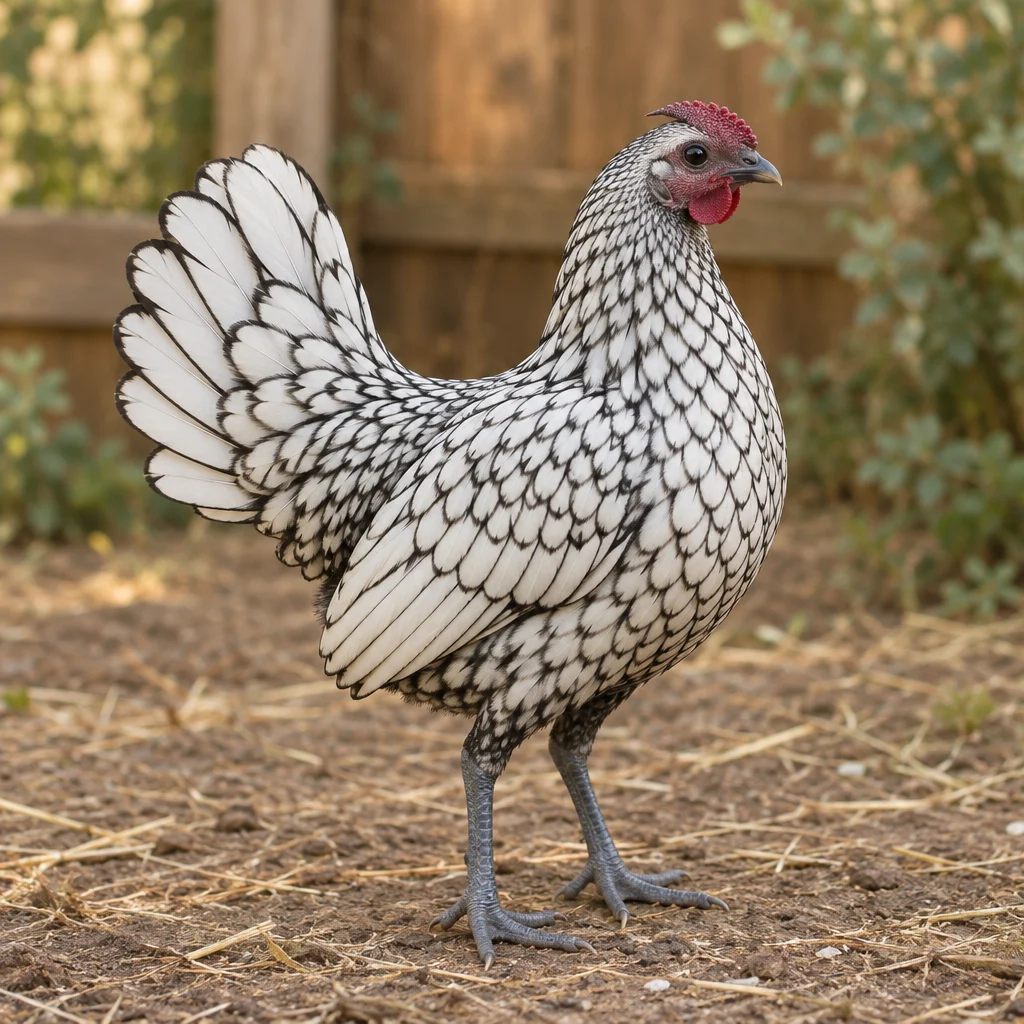 Illustration d’une poule Sebright argentée à liseré noir, avec une crête en rose et des pattes gris bleuté.