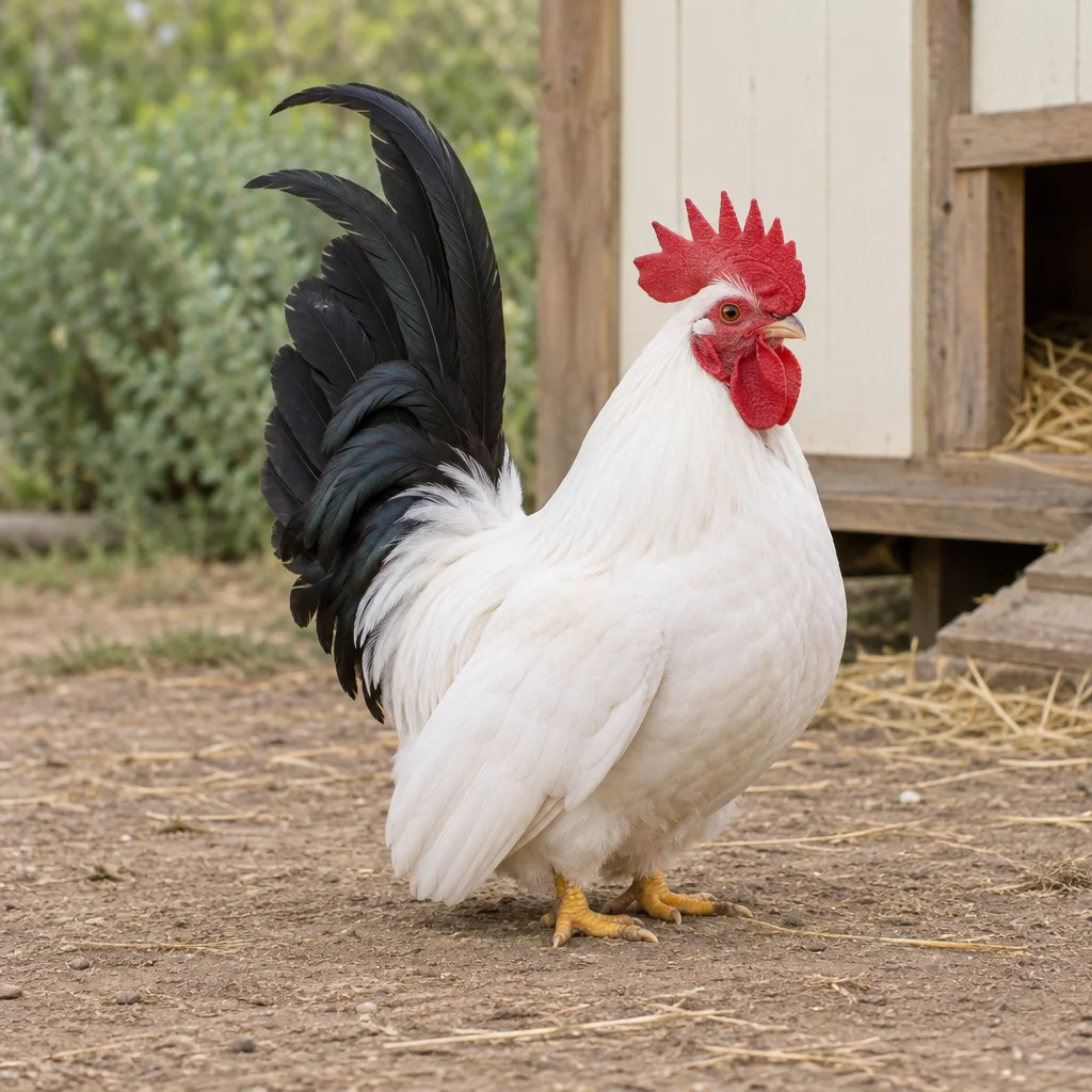 Coq blanc à queue noire dressée, crête rouge et pattes jaunes courtes près d’un poulailler.