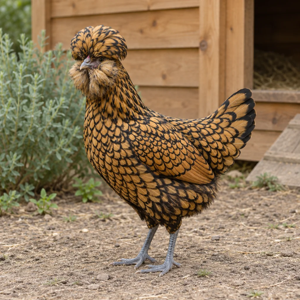Poule au plumage doré bordé de noir, avec une huppe arrondie, une barbe fournie et des pattes gris bleuté, dans une cour près d’un poulailler en bois.