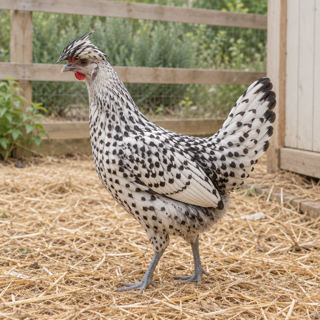Illustration d’une poule Appenzeller à huppe pointue au plumage argenté et noir moucheté, avec une huppe orientée vers l’avant, dans un enclos.