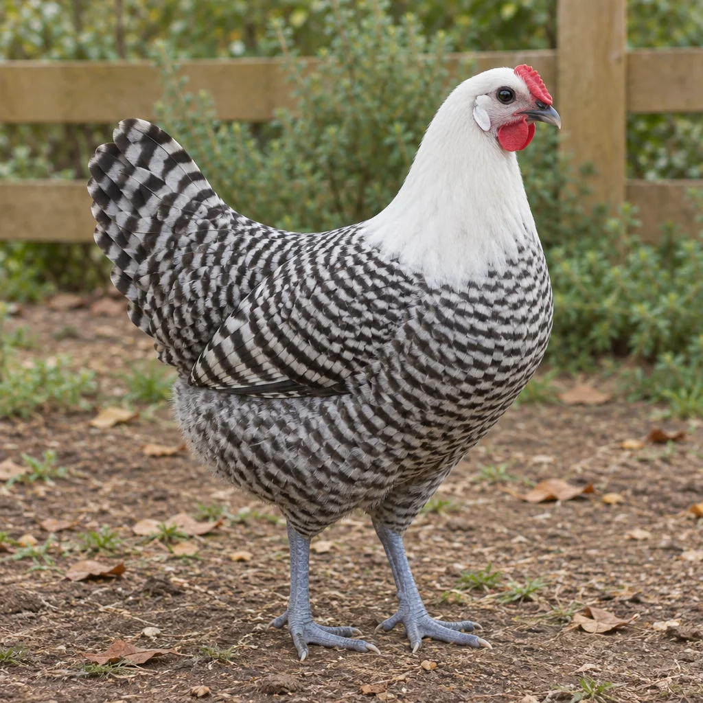 Illustration d’une poule Brakel argentée avec une collerette claire, des plumes barrées de noir et de blanc et des pattes bleu ardoise dans un enclos extérieur.