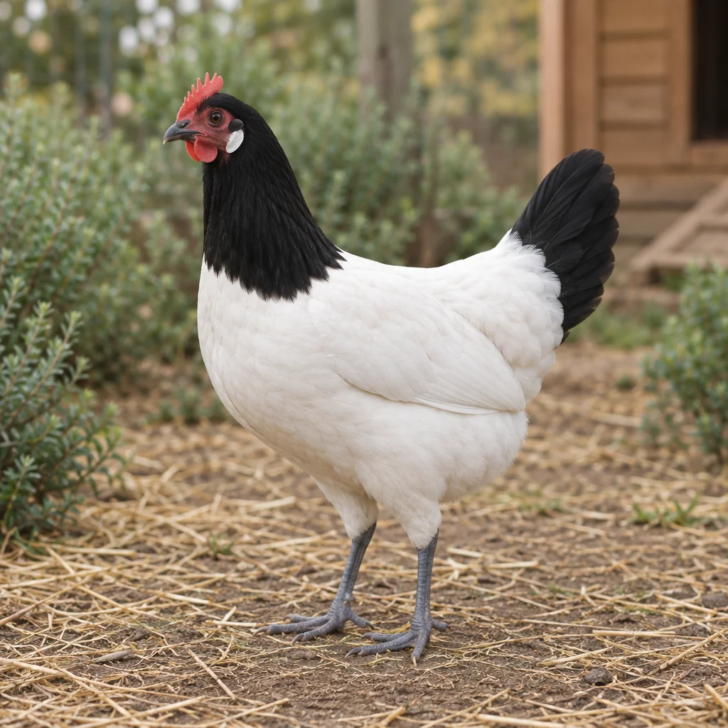Poule noire et blanche à la tête, au cou et à la queue noirs, au corps blanc et aux pattes gris bleuté, dans un parcours avec de la paille.
