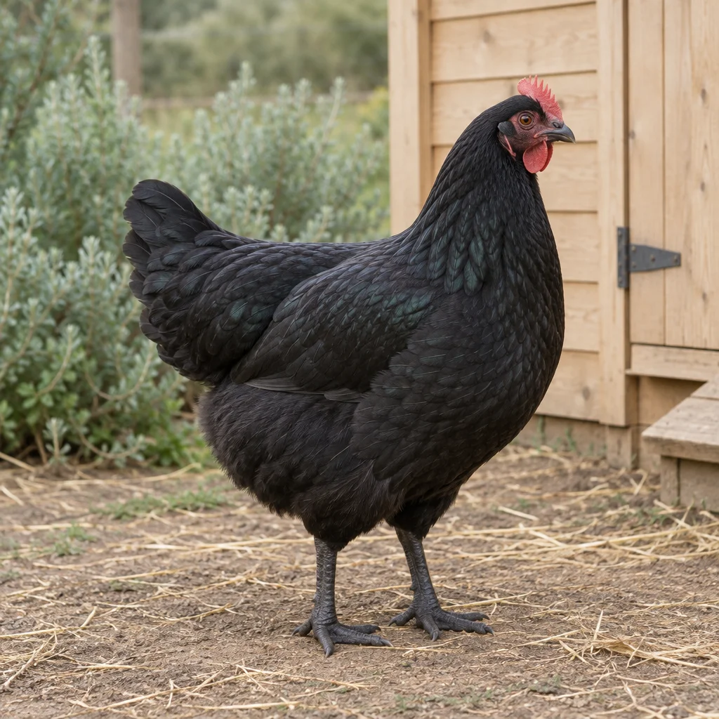 Une poule noire à crête rouge et aux pattes foncées se tient dans une cour devant un poulailler en bois.