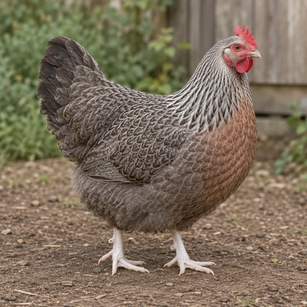 Illustration d'une grande poule Dorking au plumage gris argenté et brun, aux pattes blanches et à la crête rouge.